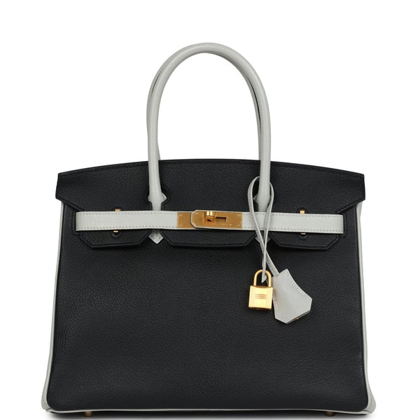 Hermes Pre-owned Hermes Special Order (HSS) Birkin 30 Black and Gris Perle Chevre Mysore Brushed Gold Hardware