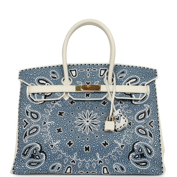Hermes Custom "Paisley Bandana" Swarovski Crystal Hermes Birkin 35 White Epsom Gold Hardware