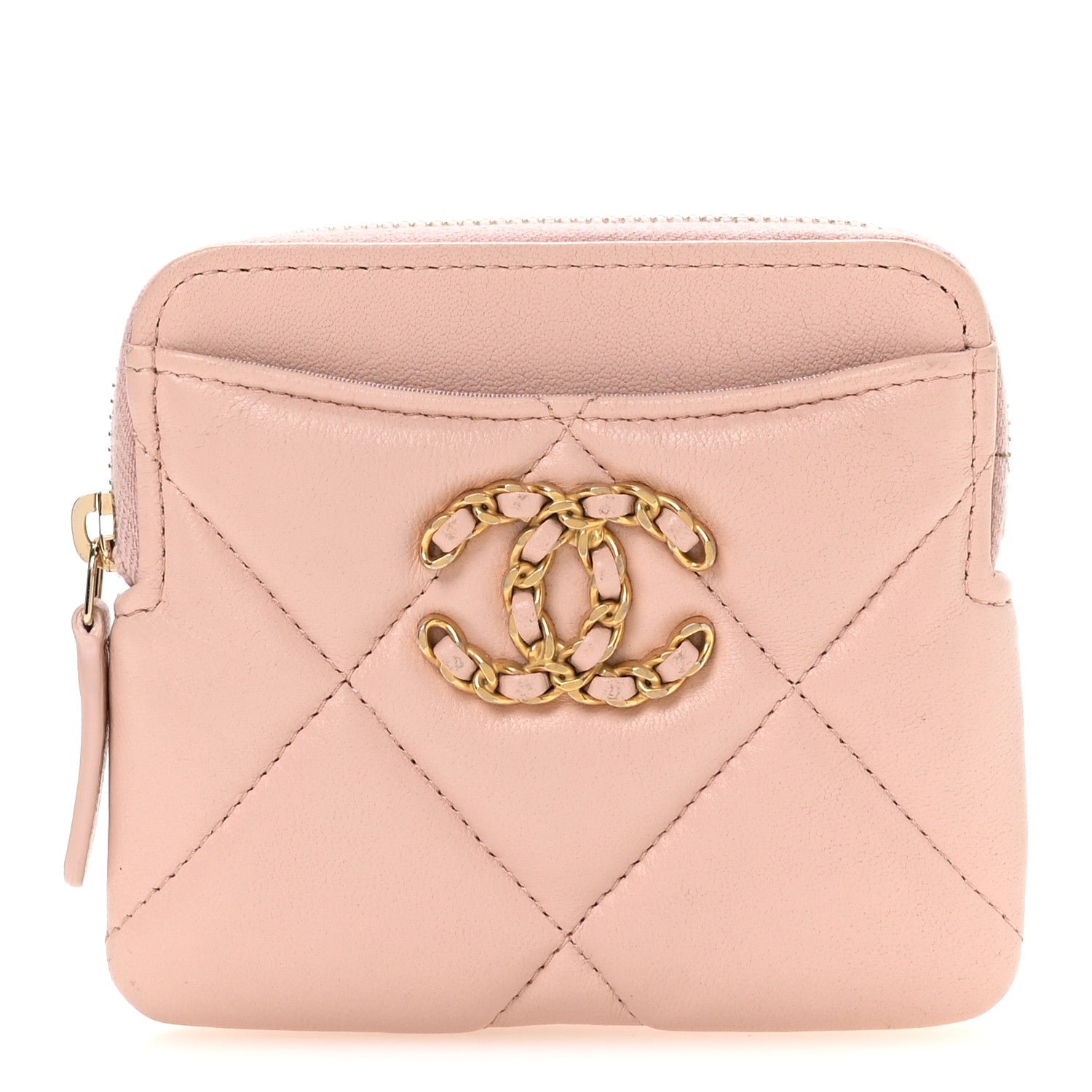 Chanel Quilted Chanel 19 Zip Card Holder Wallet Light Pink