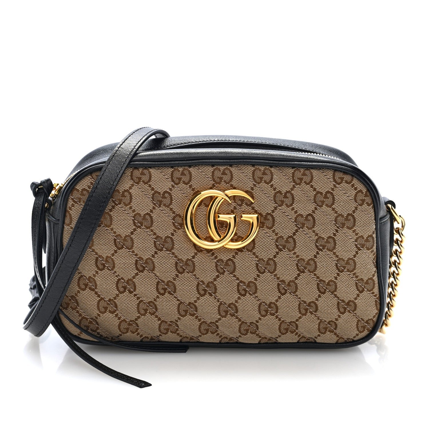 Gucci Monogram Matelasse Diagonal Small GG Marmont Chain Shoulder Bag Beige Black