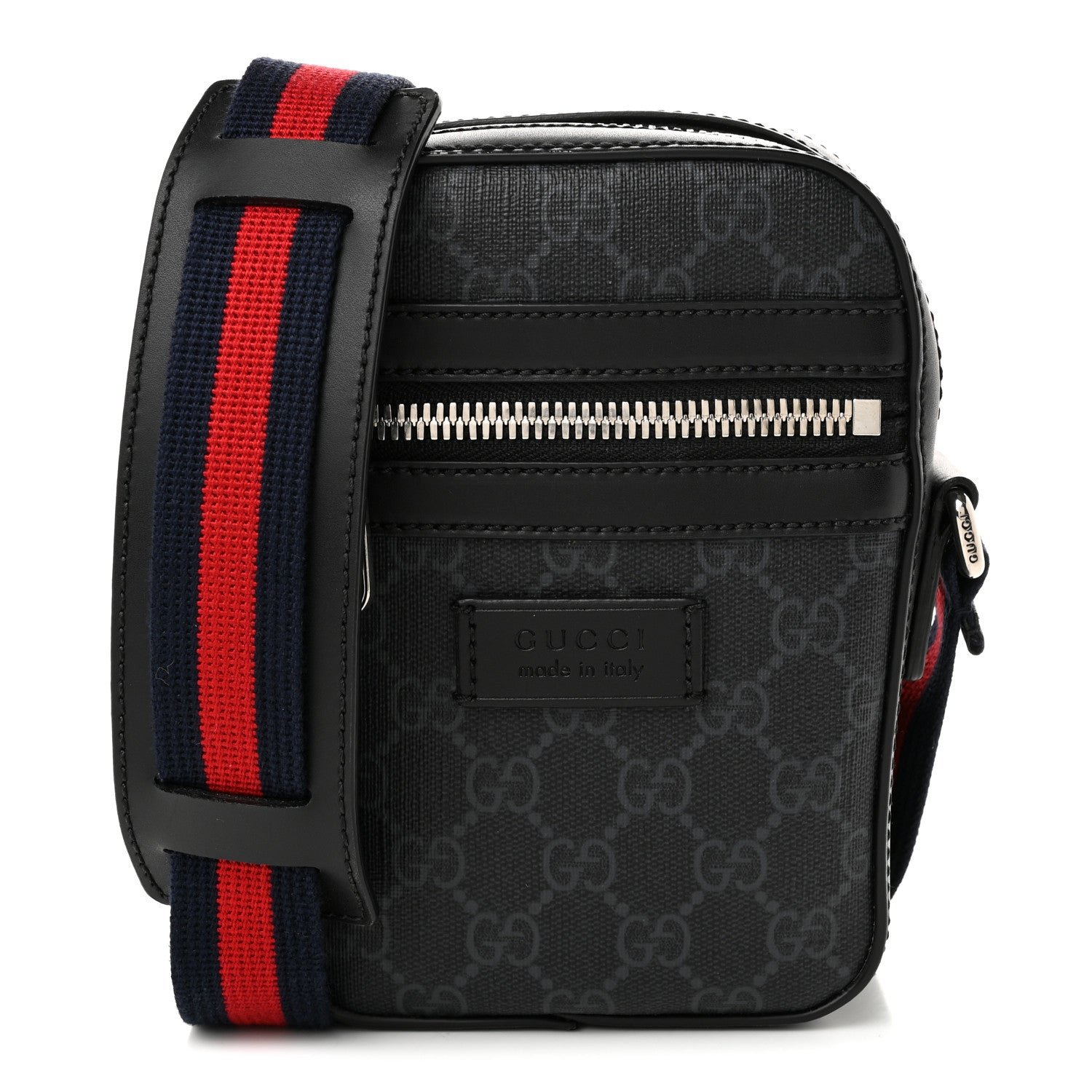Gucci GG Supreme Monogram Appia Calfskin Web Small Camera Messenger Bag Black Grey