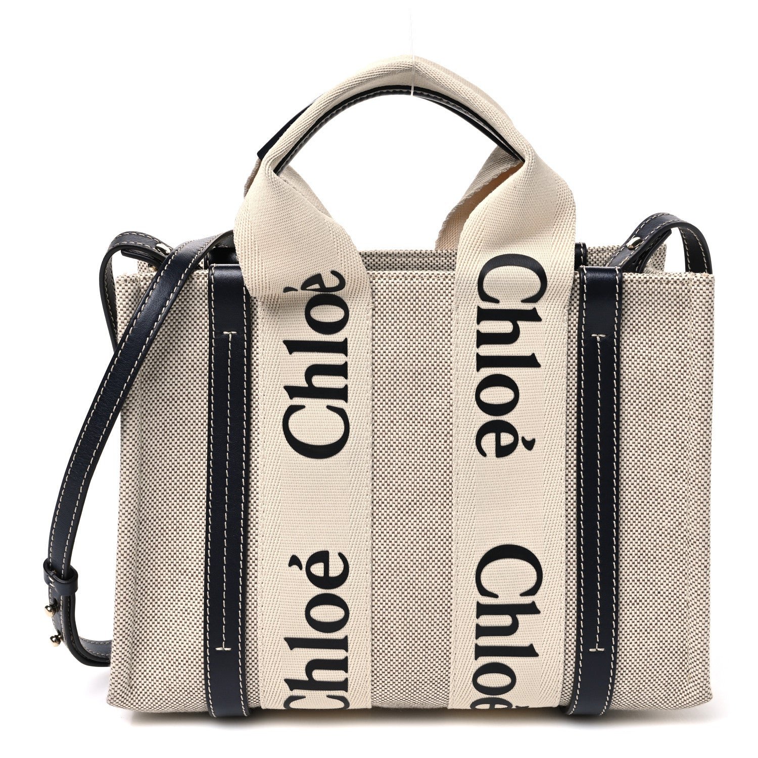 Chloe Cotton Calfskin Small Woody Ribbon Tote White Blue