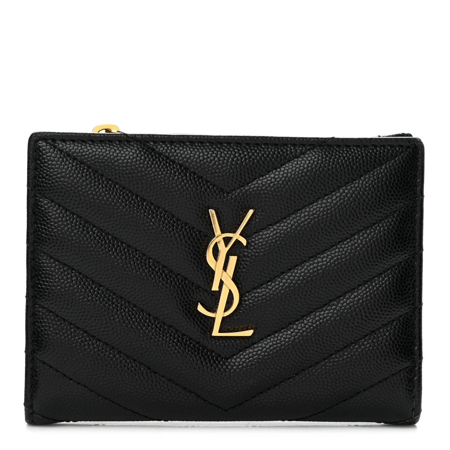 Saint Laurent Grain De Poudre Matelasse Chevron Cassandre Fragments Zippered Bi-Fold Wallet Black