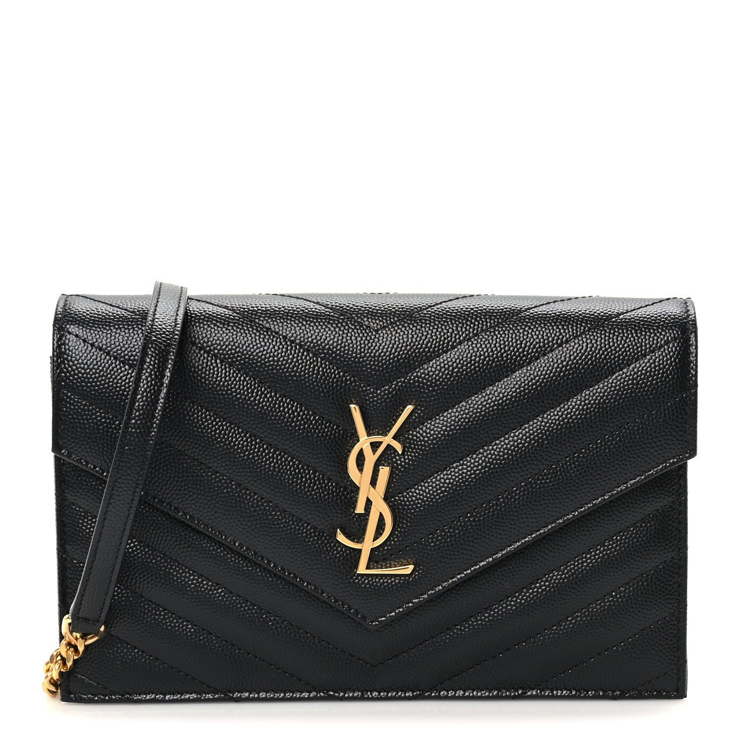Saint Laurent Grain De Poudre Matelasse Chevron Monogram Envelope Chain Wallet Black
