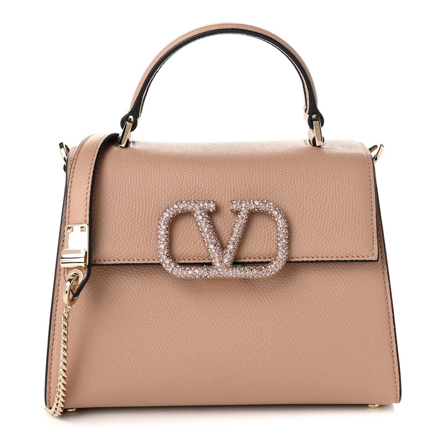 Valentino Garavani Grainy Calfskin Swarovski Crystal Embellished Small VSling Top Handle Bag Rose Cannelle