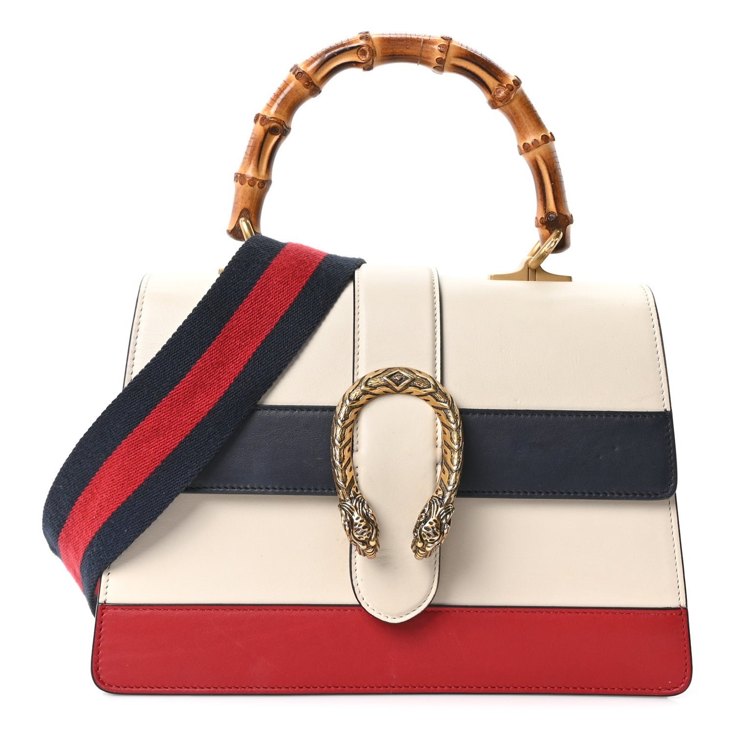 Gucci Calfskin Bamboo Web Medium Dionysus Top Handle Bag White Blue Hibiscus Red