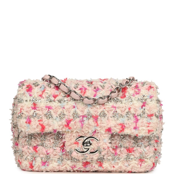 Chanel Mini Rectangular Flap Bag Pink, Multicolored Tweed Bouclé Silver Hardware