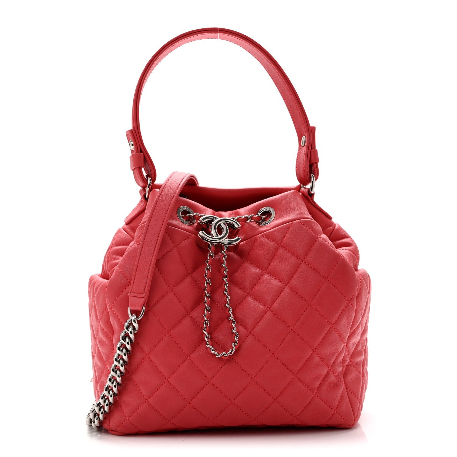 Chanel Lambskin Quilted Small CC Chain Drawstring Bucket Bag Pink
