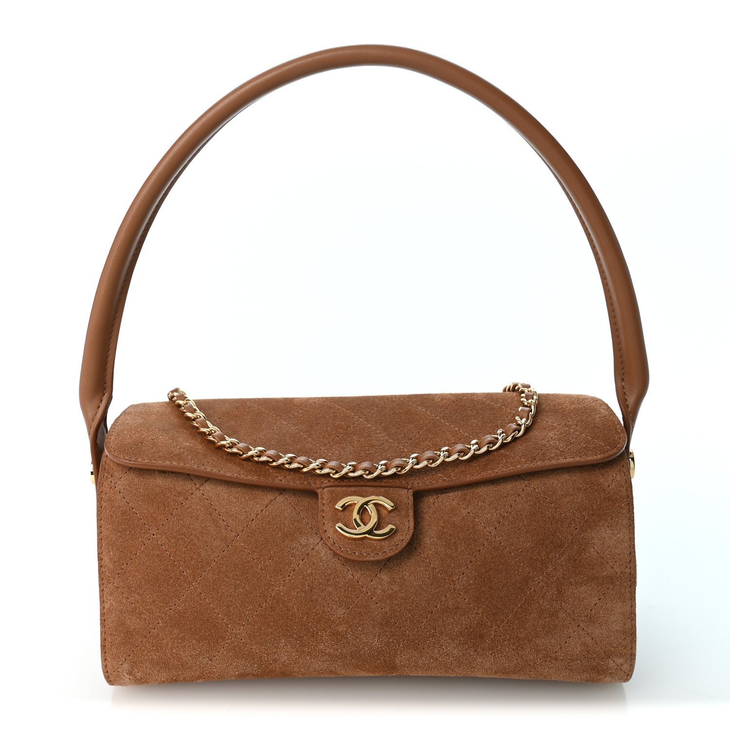 Chanel Suede Quilted Turn Around Clutch With Chain Camel