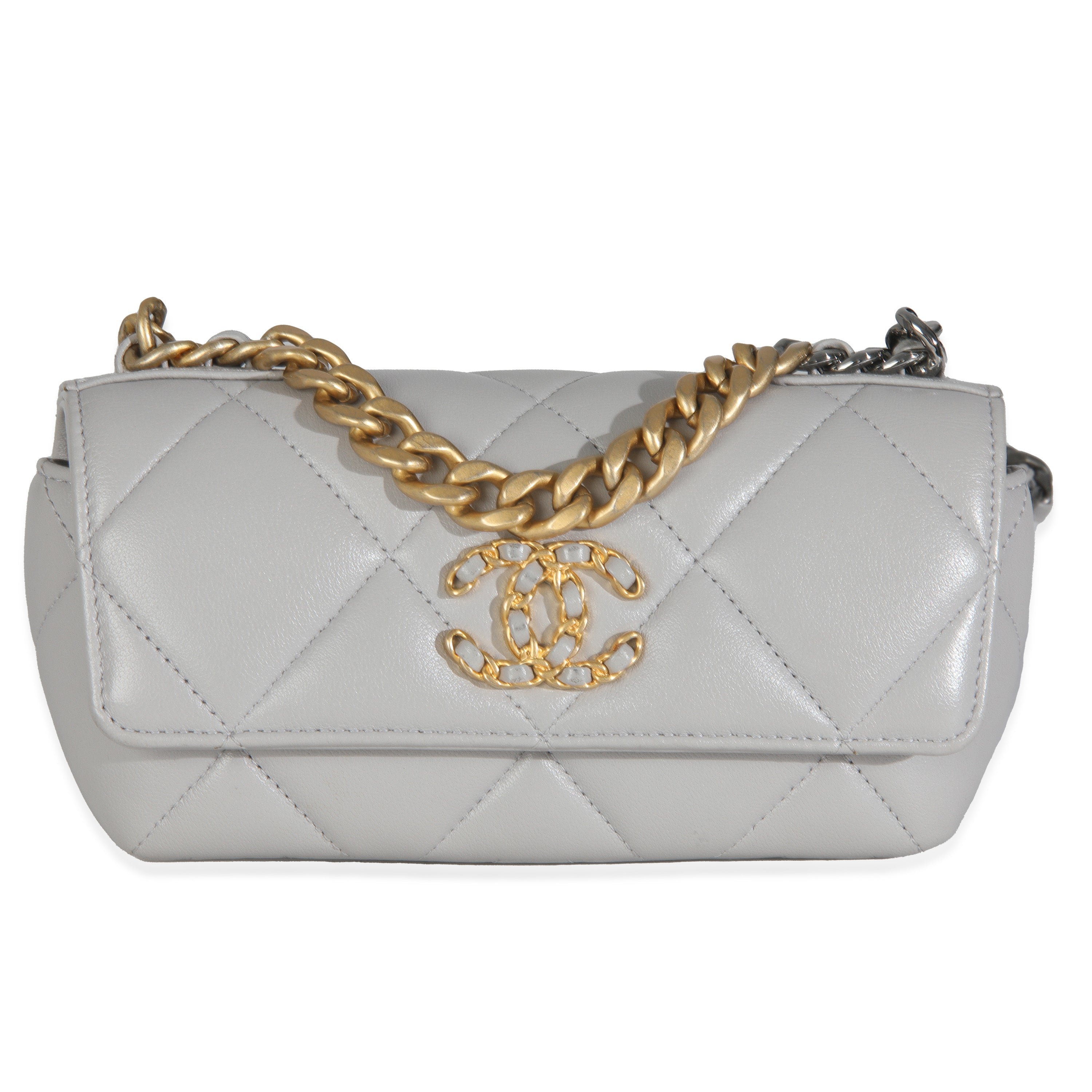 Grey Quilted Lambskin Chanel 19 Sunglasses Case With Chain