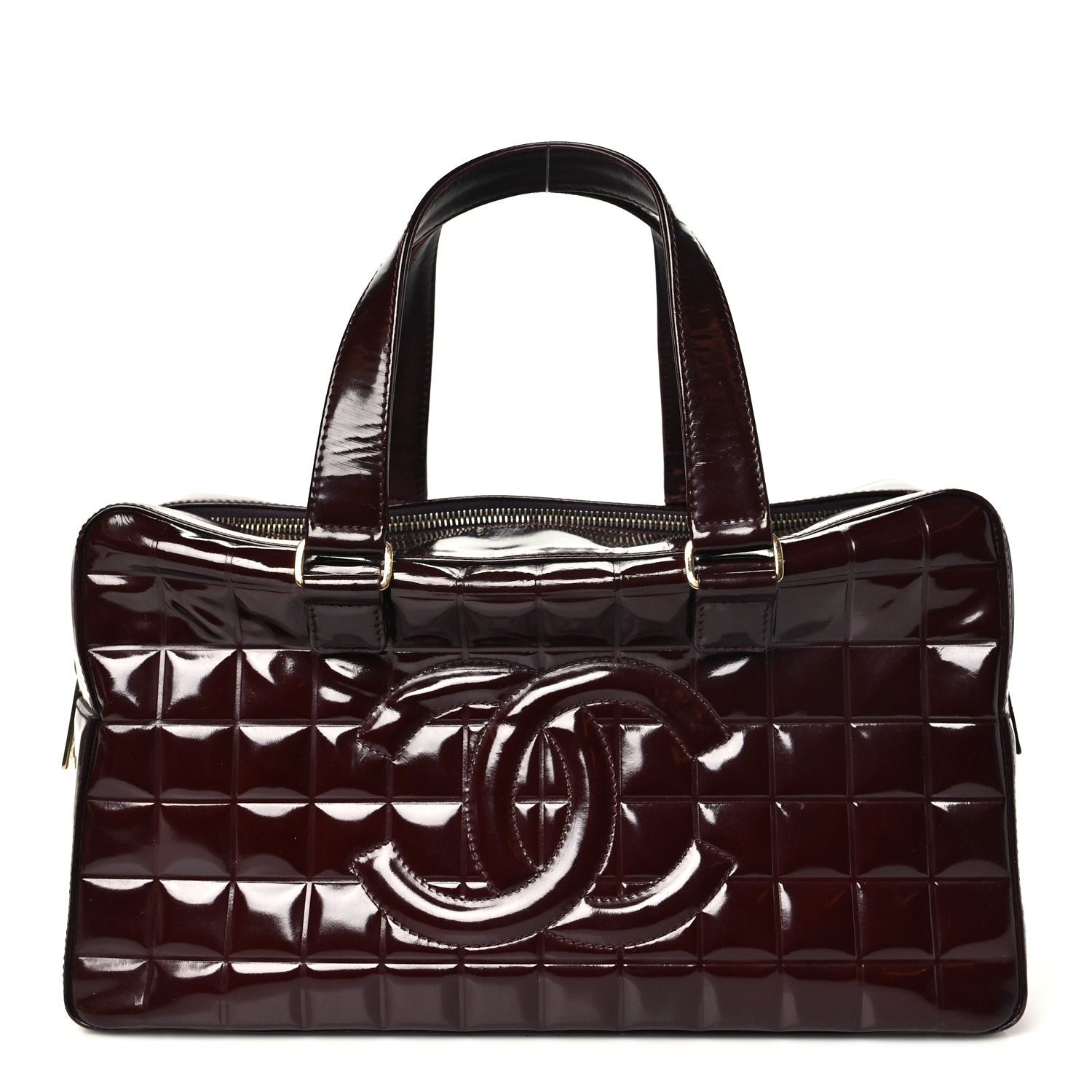 Chanel Patent Quilted Chocolate Bar Bowler Burgundy