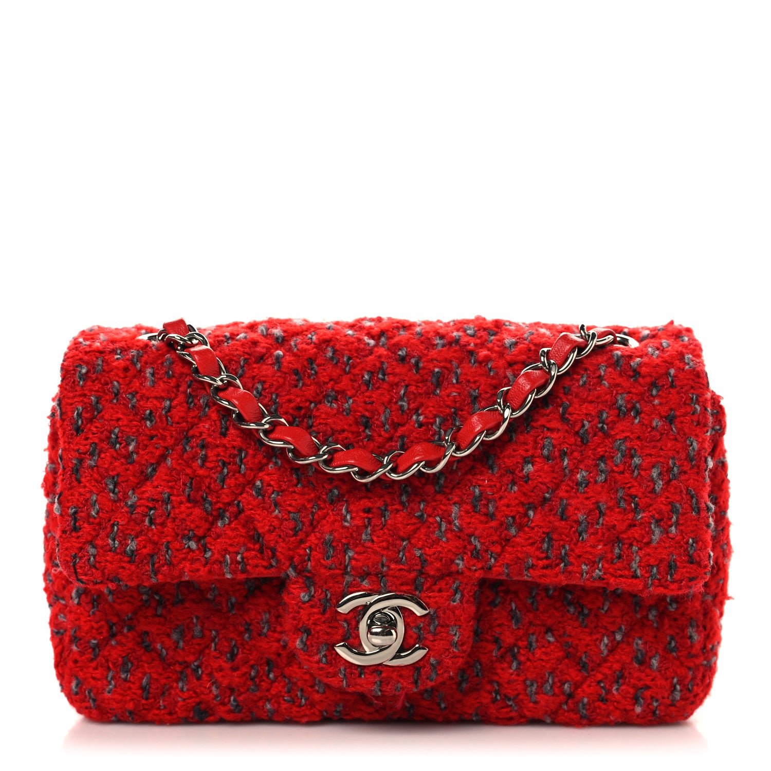 Chanel Tweed Quilted Mini Rectangular Flap Red Grey