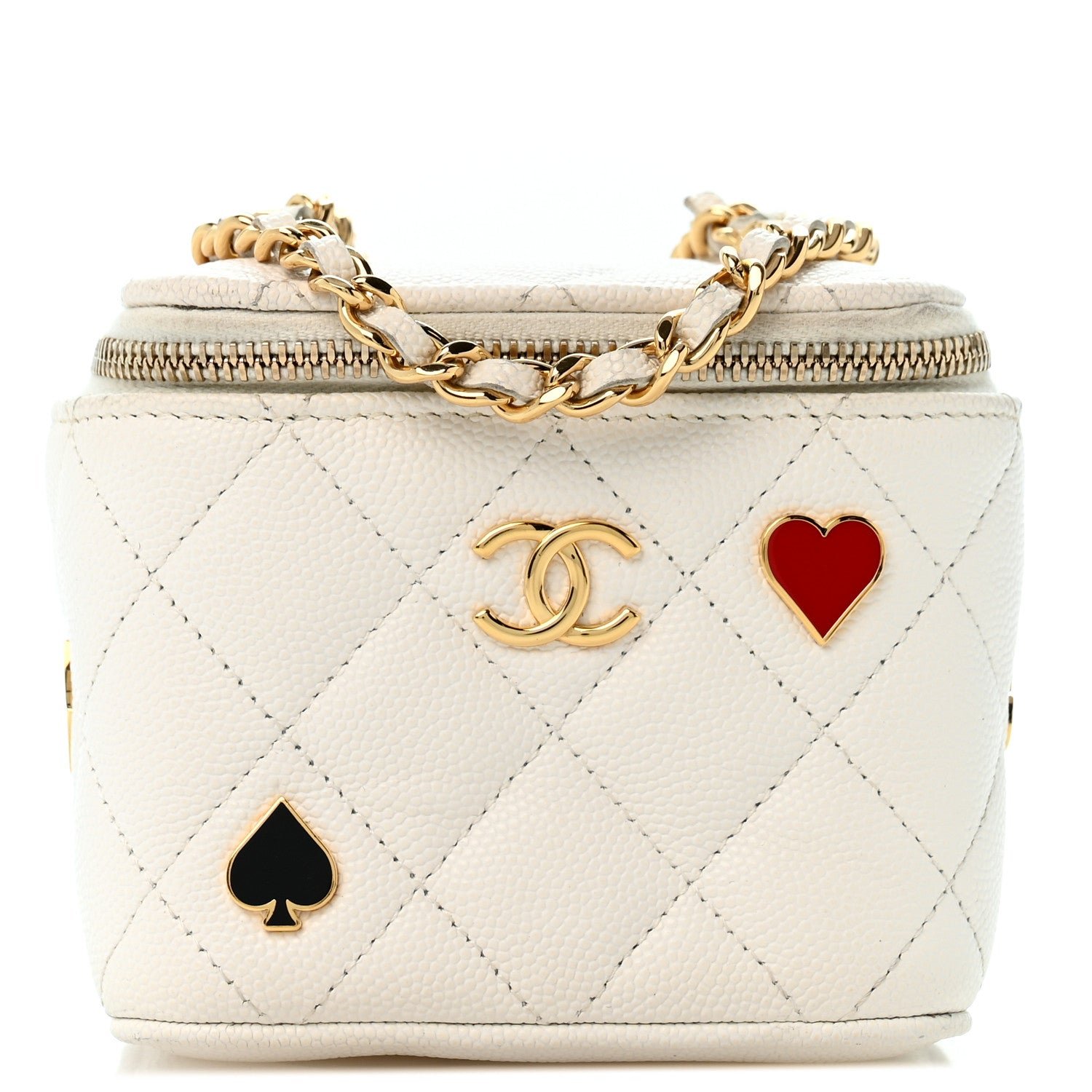 Chanel Caviar Quilted Enamel Coco Casino Mini Vanity Case With Chain White