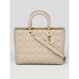 Christian Dior Beige Quilted Cannage Lambskin Leather Large Lady Dior Bag