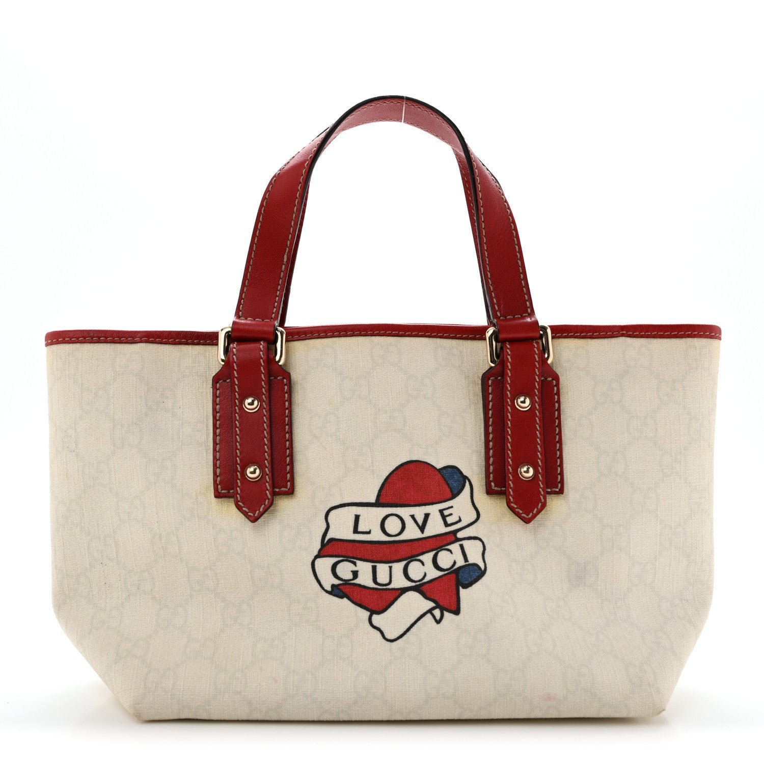 Gucci GG Plus Monogram Small Jolicoeur Tattoo Heart Tote Off White Red