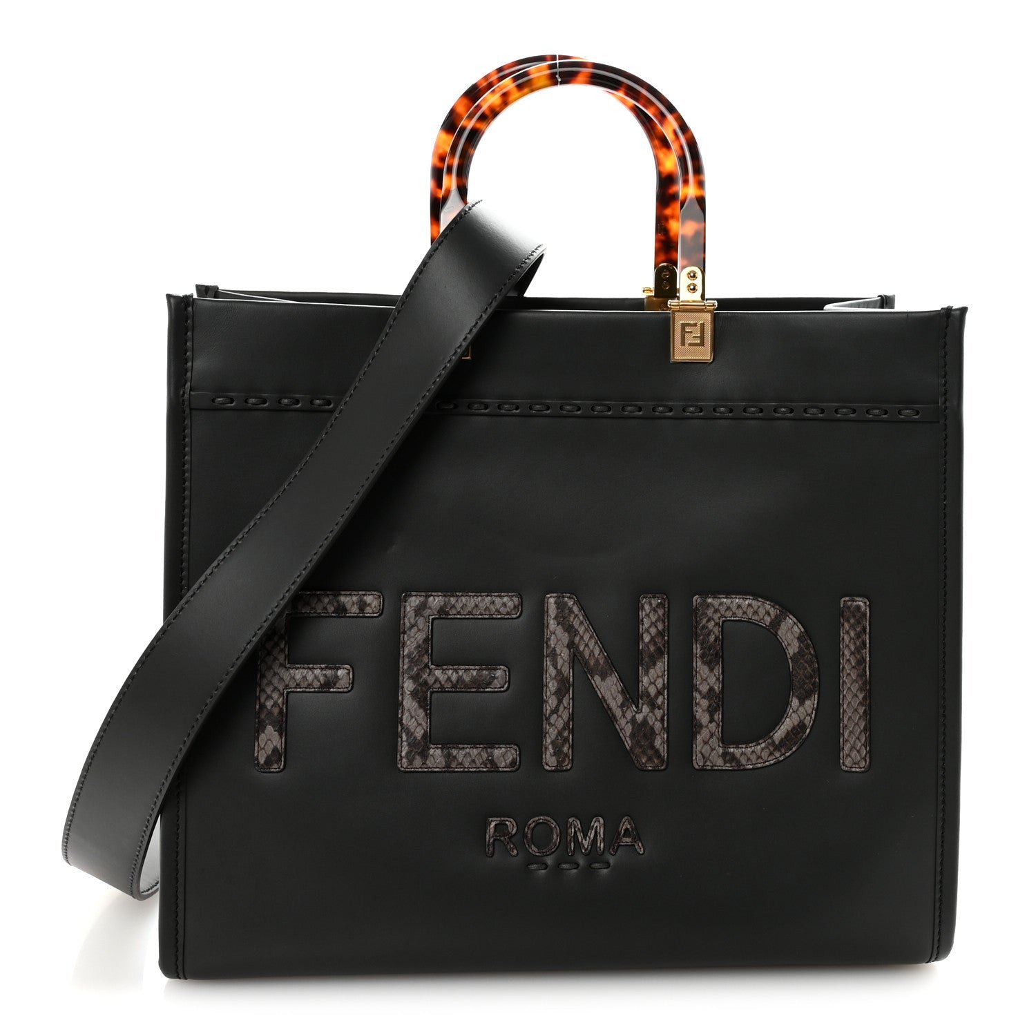 Fendi Fendi Vitello King Plexiglass Elaphe Snakeskin Print Logo Medium Fendi Sunshine Shopper Tote Dark Asphalt