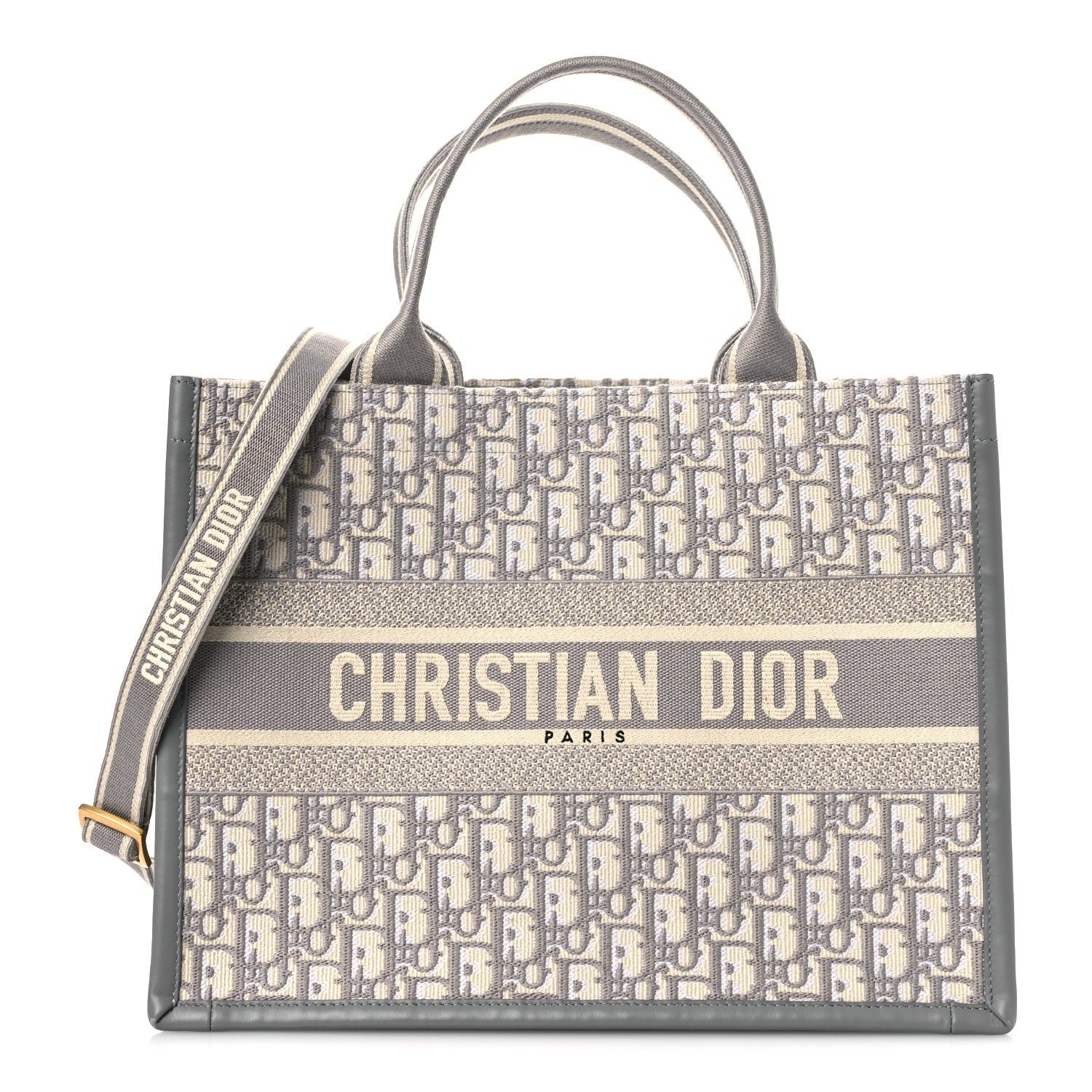 Christian Dior Oblique Chambray Calfskin Medium Book Tote With Strap Grey Latte