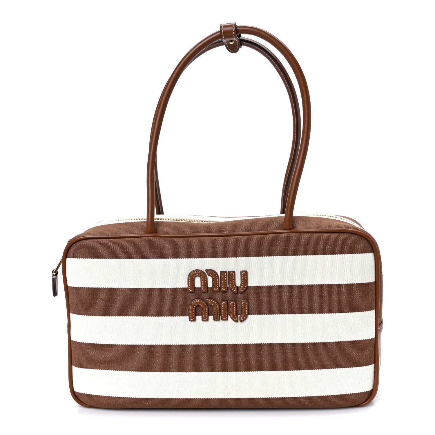 Miu Miu Canvas Calfskin Striped Large Beau Top Handle Bag Naturale Brandy