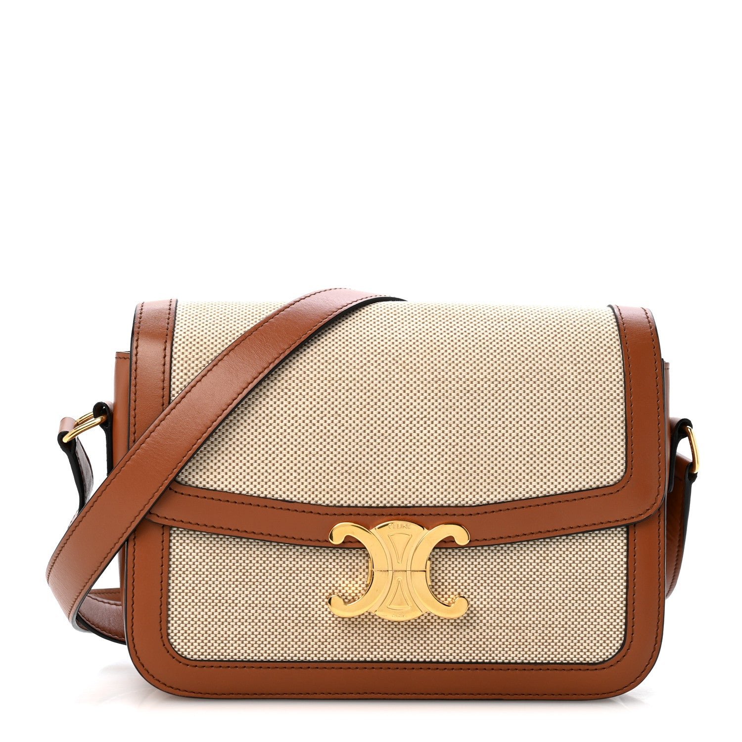 Celine Textile Natural Calfskin Medium Triomphe Bag White Tan