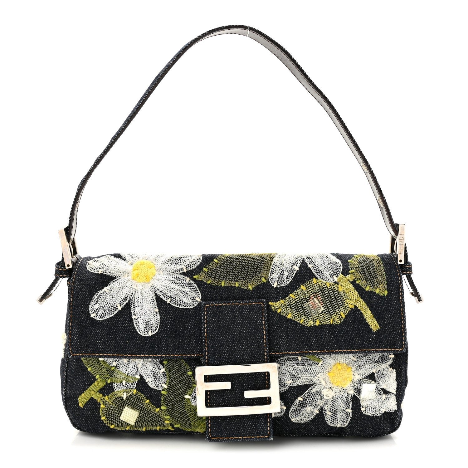 Fendi Denim Flower Applique Baguette Blue