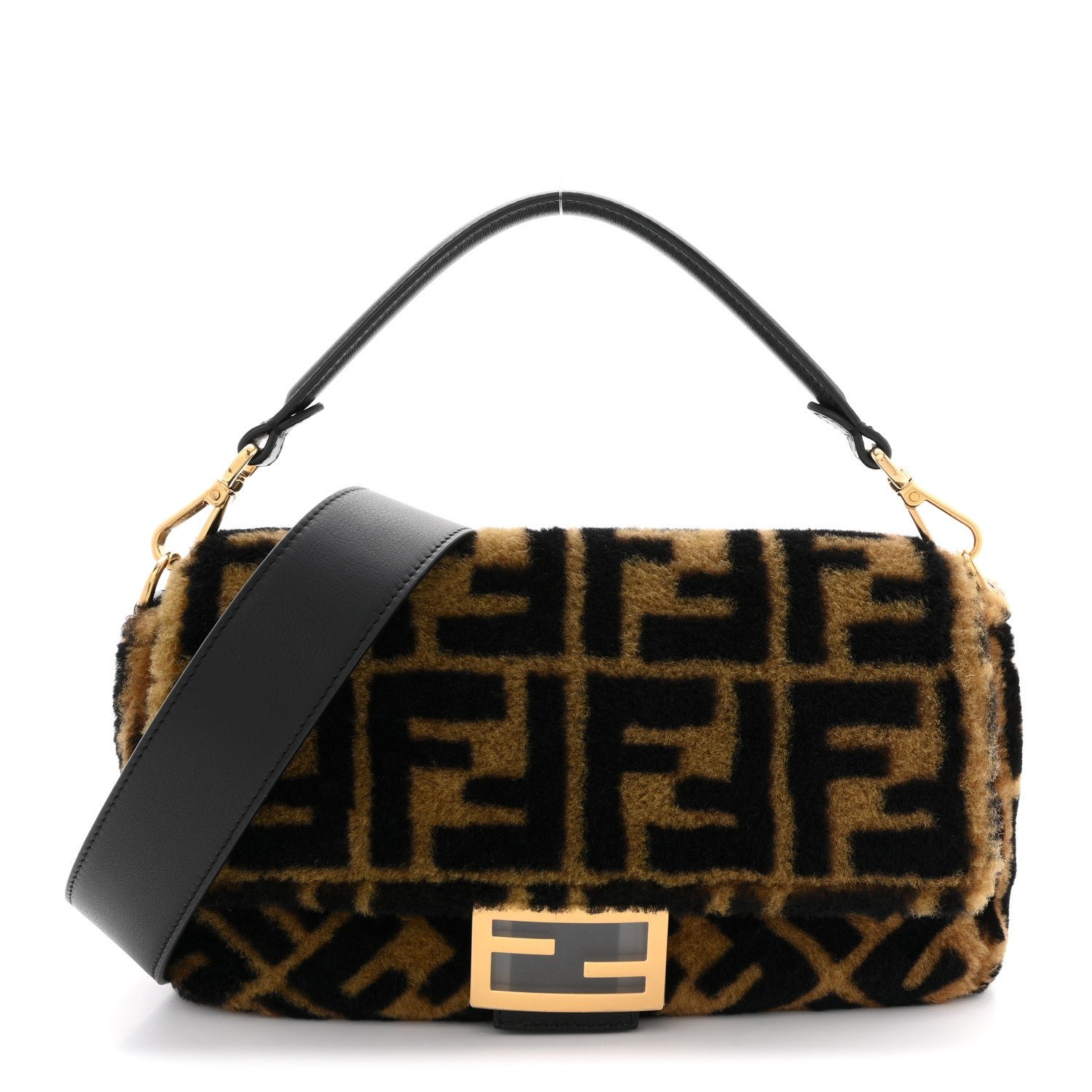 Fendi Shearling Vitello Dolce Macro FF 1974 Baguette Tobacco Black