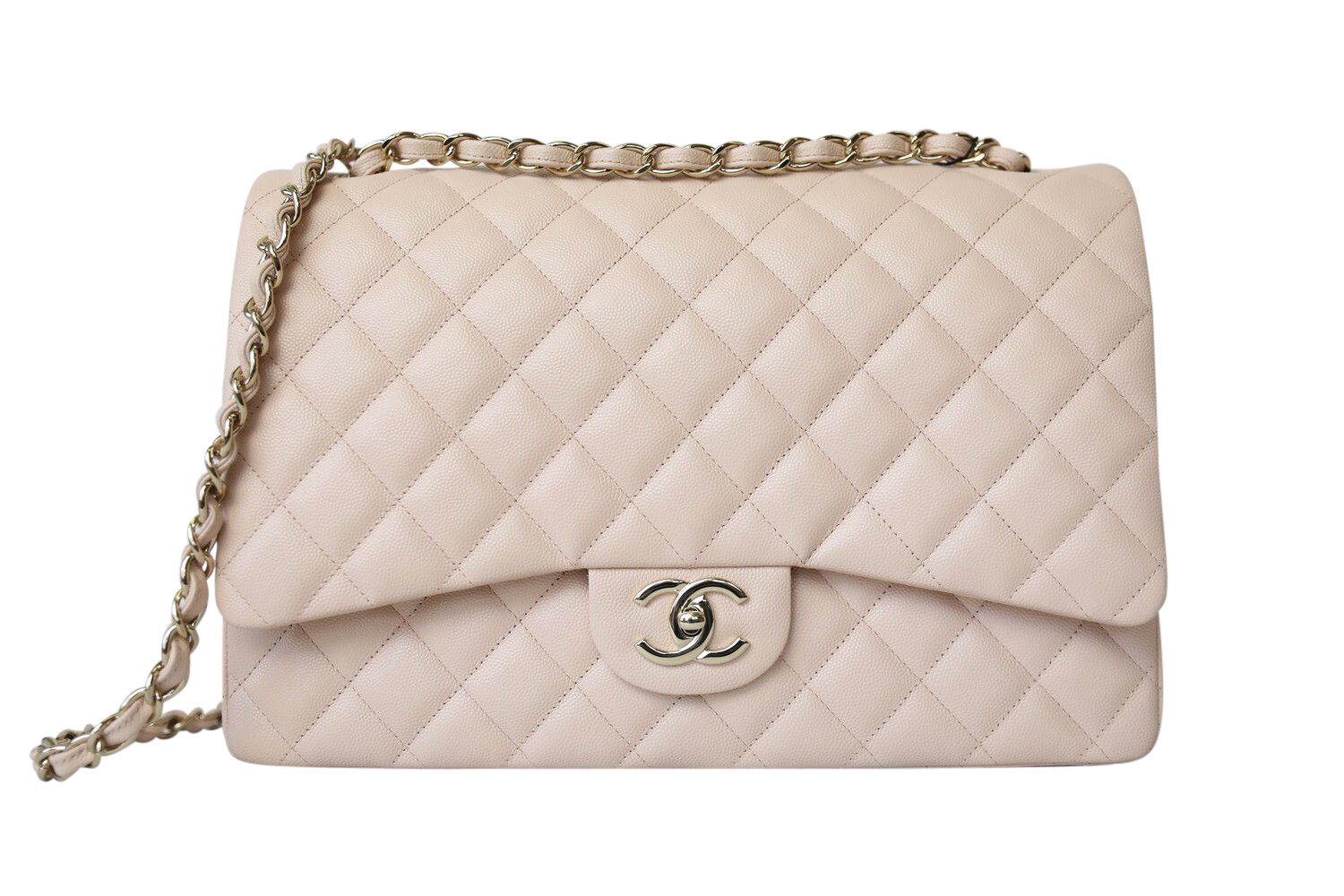 Chanel Classic Maxi Double Flap, 22C Light Beige Caviar Leather with Gold Hardware, Preowned in Dustbag MA001
