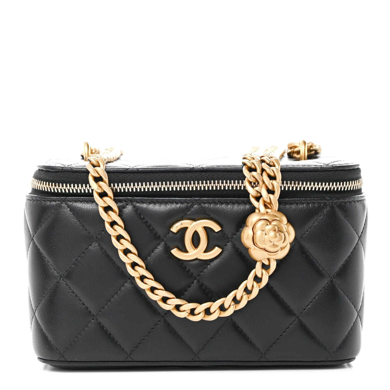 Chanel Lambskin Quilted Sweet Camellia Small Vanity Case With Chain Black