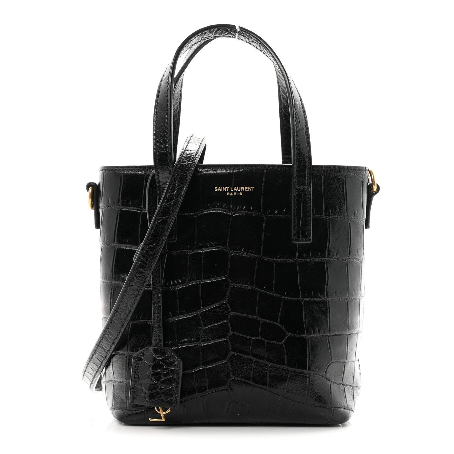 Saint Laurent Calfskin Crocodile Embossed Paris Mini Toy Shopper Tote Black