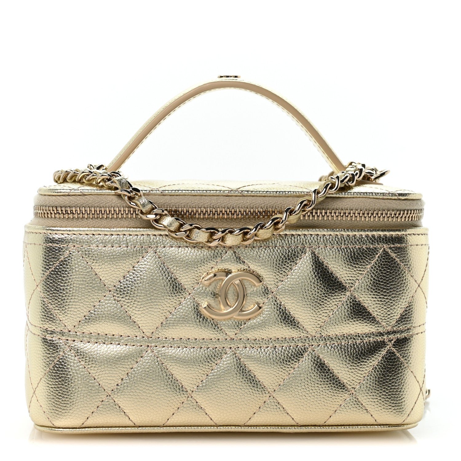 Chanel Metallic Caviar Quilted Trendy Handle Vanity Gold