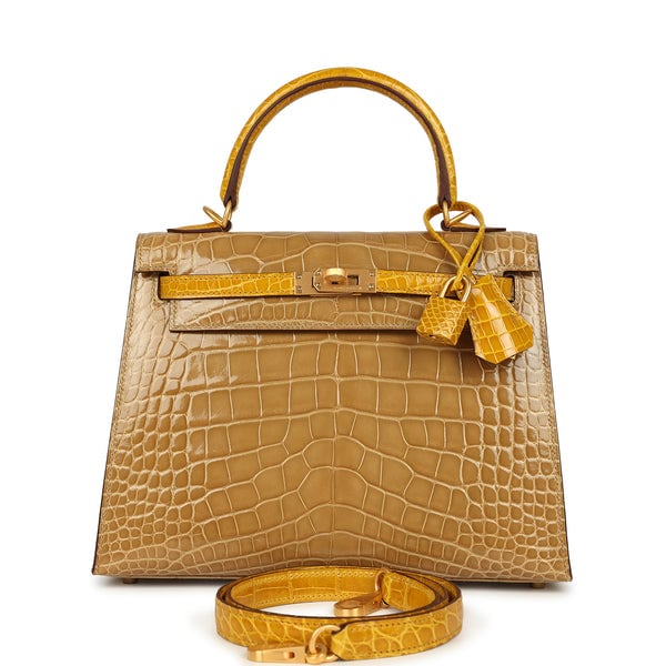 Hermes Hermes Special Order (HSS) Kelly Sellier 25 Beige Sable and Jaune Ambre Shiny Alligator Mississpiensis Brushed Gold Hardware