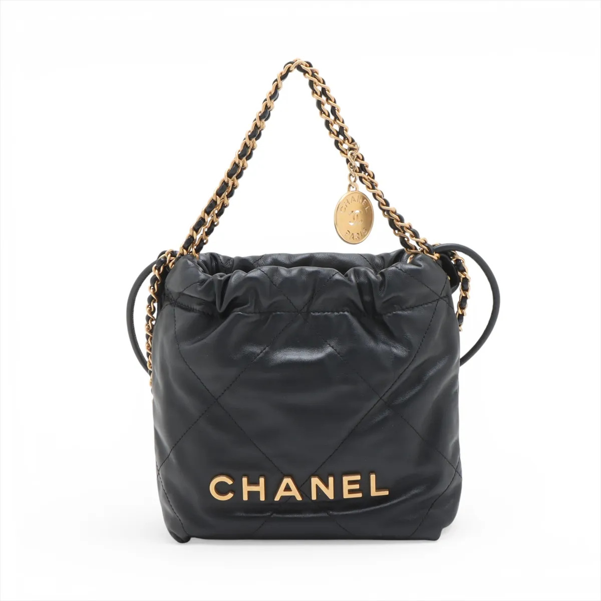 Chanel Chanel 22 Mini shiny calfskin Chain Shoulder Bag Black Gold Metal Fitting