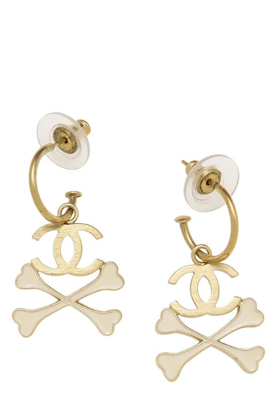 Gold & White Enamel 'CC' Crossbone Earrings