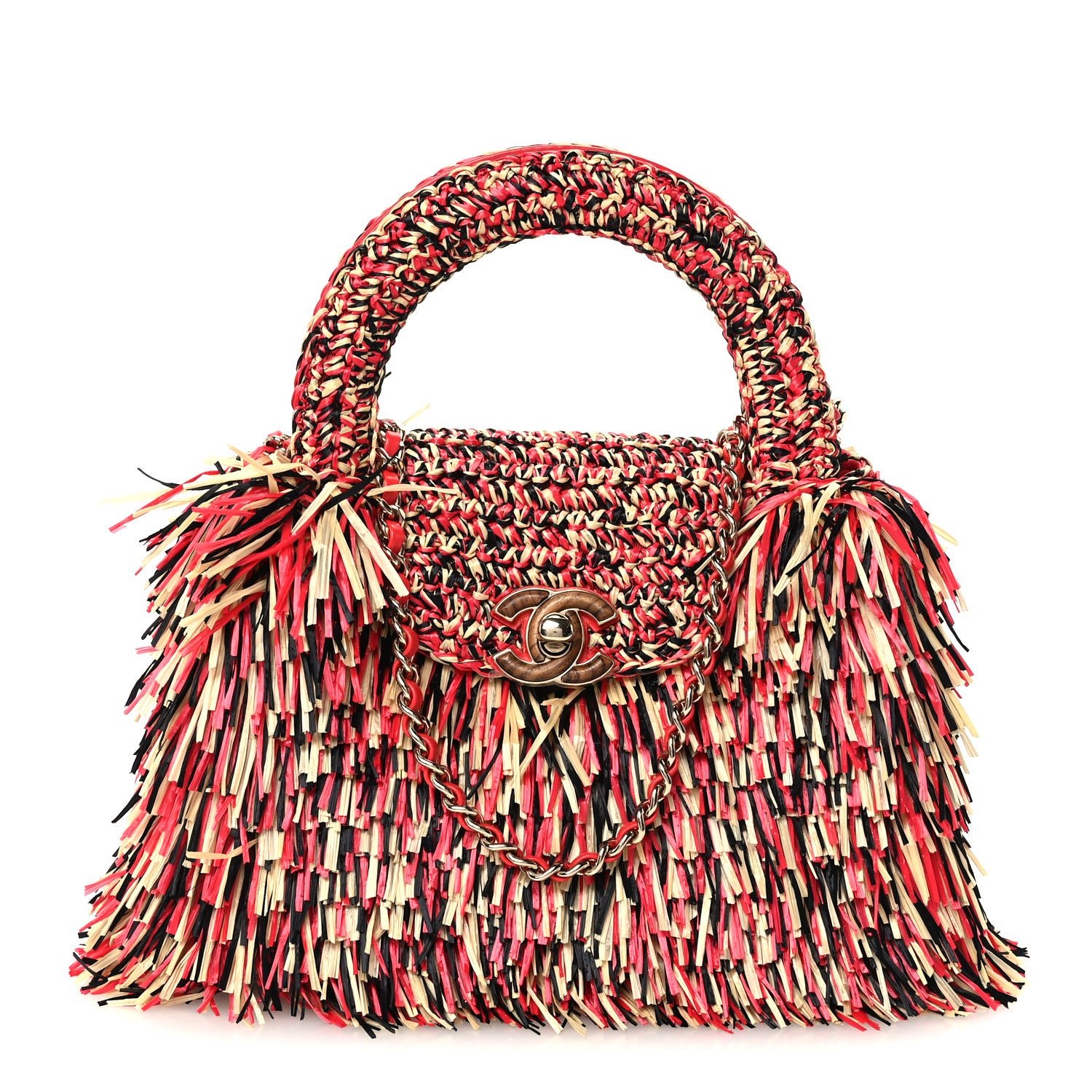 Chanel Raffia Fringe Nano Kelly Shopper Red Beige Black