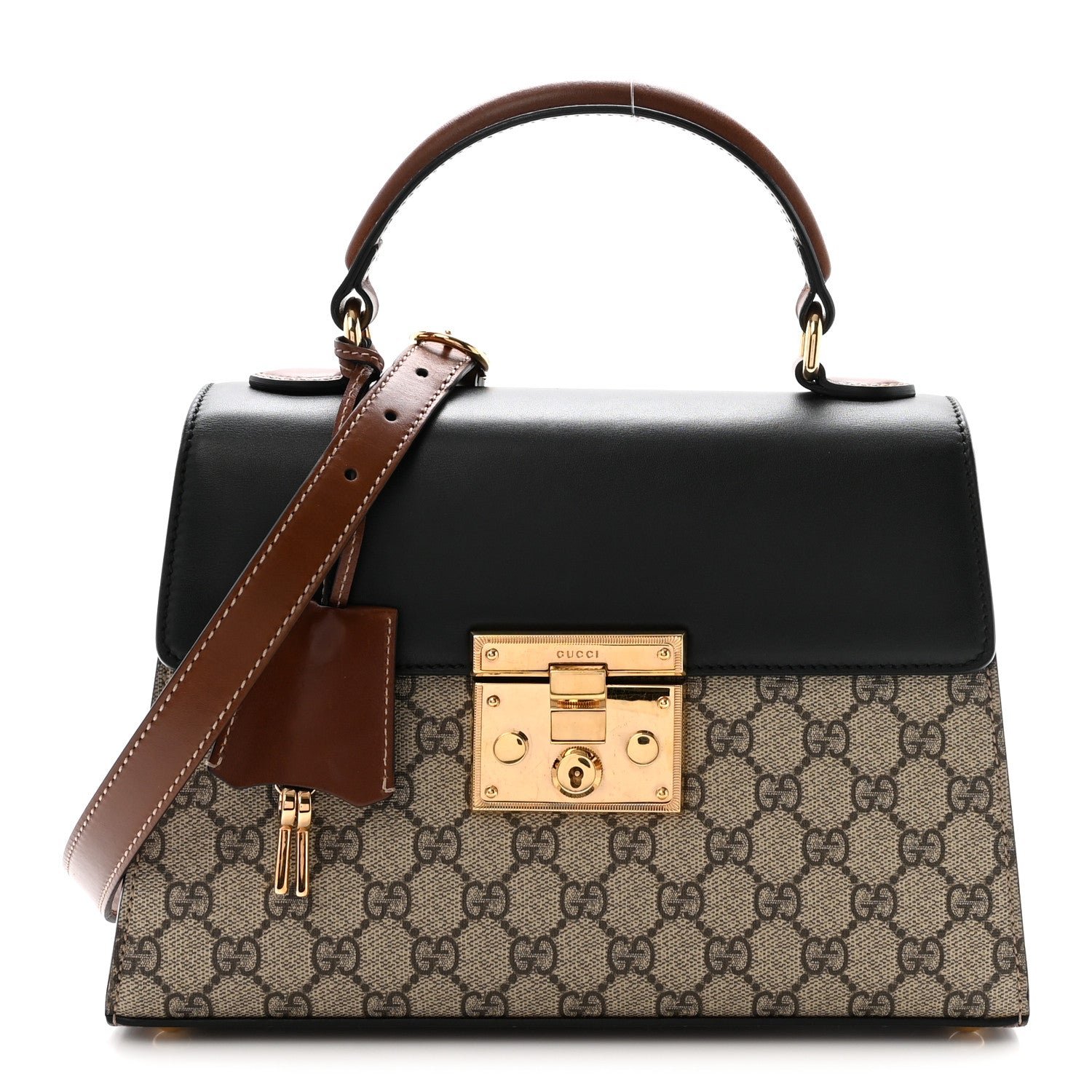 Gucci GG Supreme Monogram Calfskin Small Padlock Top Handle Bag Beige Black Cuir
