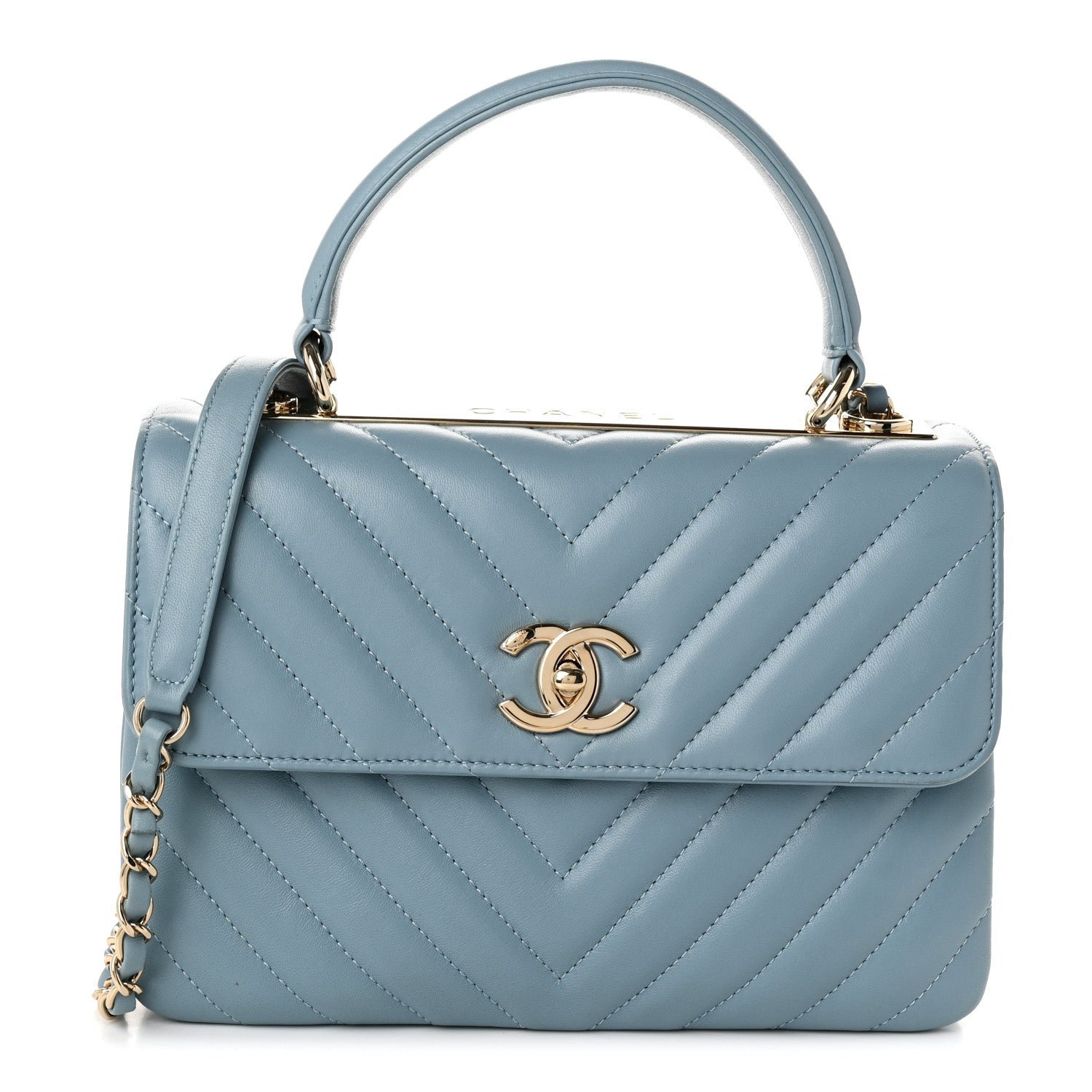 Chanel Lambskin Chevron Quilted Small Trendy CC Flap Dual Handle Bag Blue