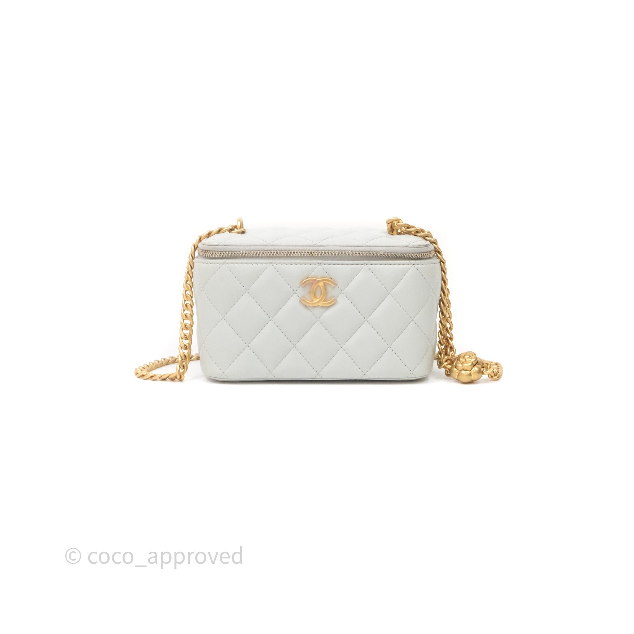 Chanel Quilted Vanity Rectangular with Camellia Adjustable Chain Light Blue Lambskin