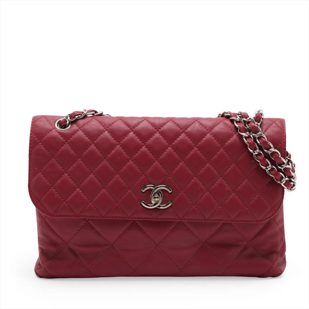 Chanel Big Matelasse Lambskin Single Flap Double Chain Bag Red Silver Metal Fitt