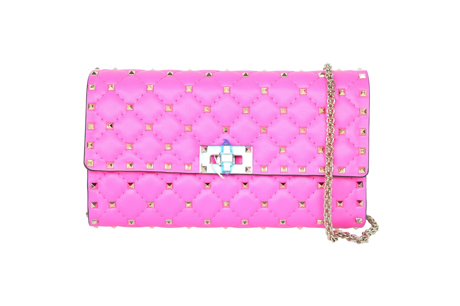 Valentino Garavani Valentino Garavani Rockstud Spike Clutch With Chain Bag, Pink Nappa Leather and Gold Hardware, New in Box WA001