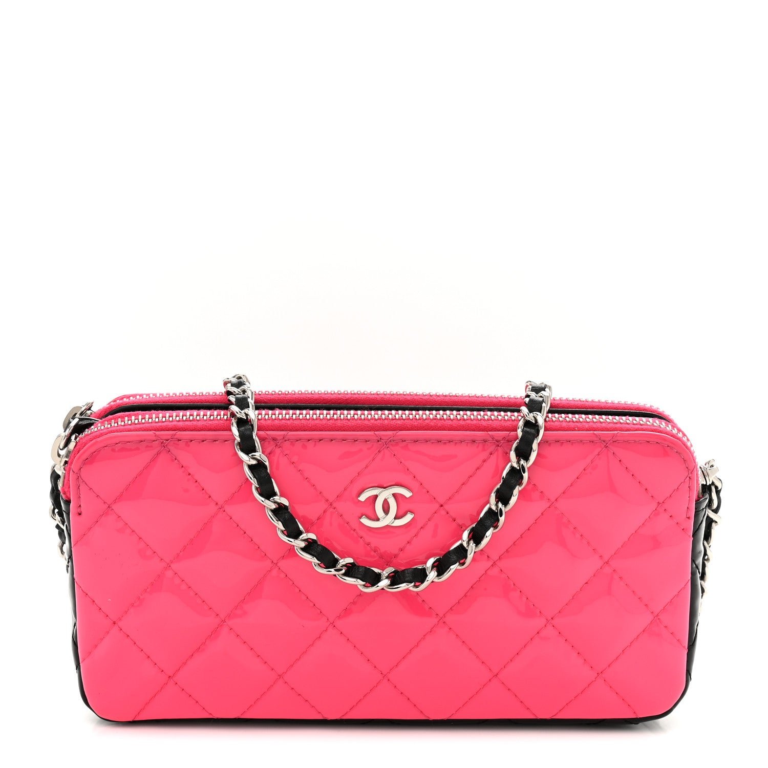 Chanel Patent Quilted Small Clutch With Chain Pink Black
