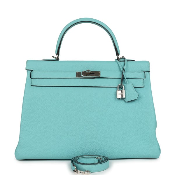Hermes Pre-owned Hermes Kelly Retourne 35 Bleu Atoll Clemence Palladium Hardware