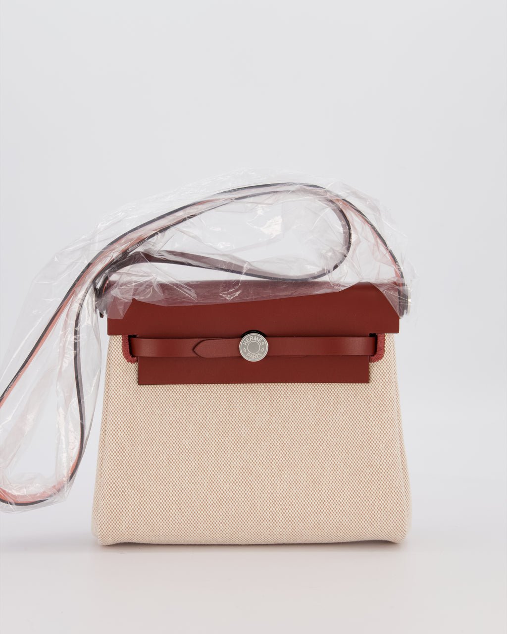 *HOT & RARE* Hermès Mini Herbag Zip 20 Bag in Rouge H Vache Hunter Leather & Ecru/Beige Viking Canvas with Palladium Hardware