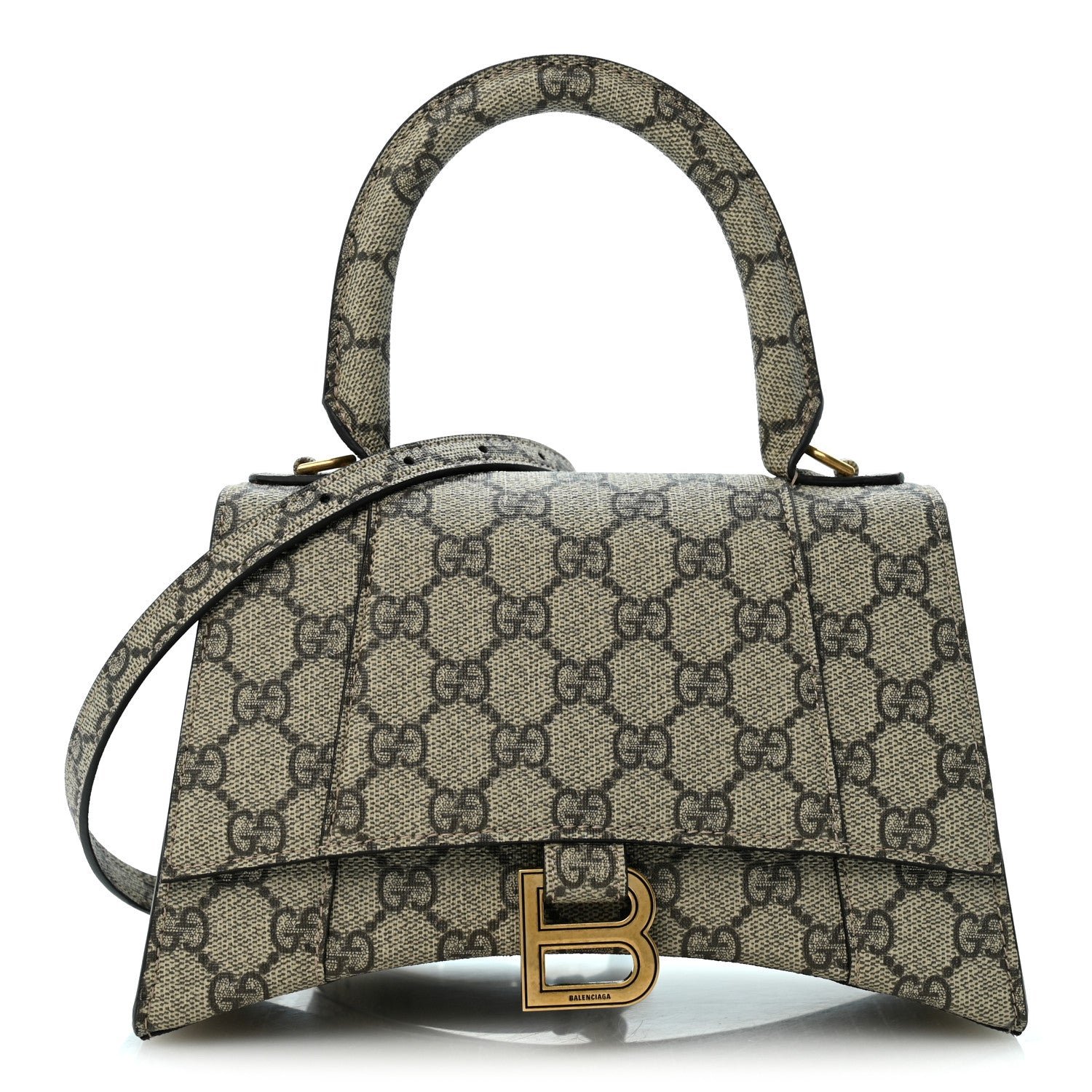 Balenciaga X GUCCI GG Supreme Monogram Small Hourglass Top Handle Bag Beige Ebony