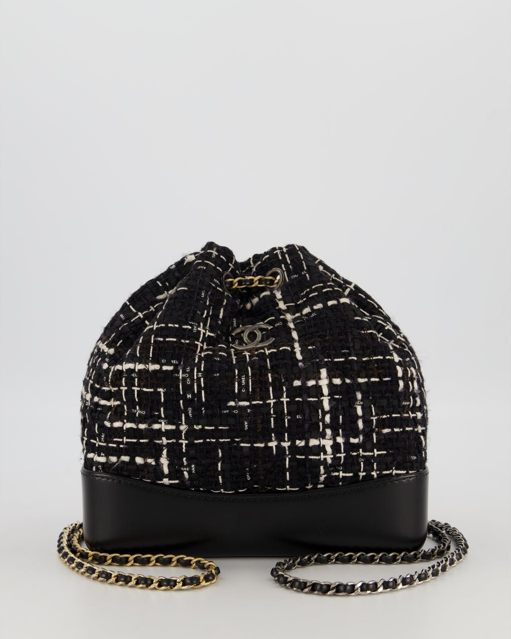 Chanel Black, White and Navy Small Gabrielle Backpack Bag in Tweed and Calfskin Leather With Mixed Hardware