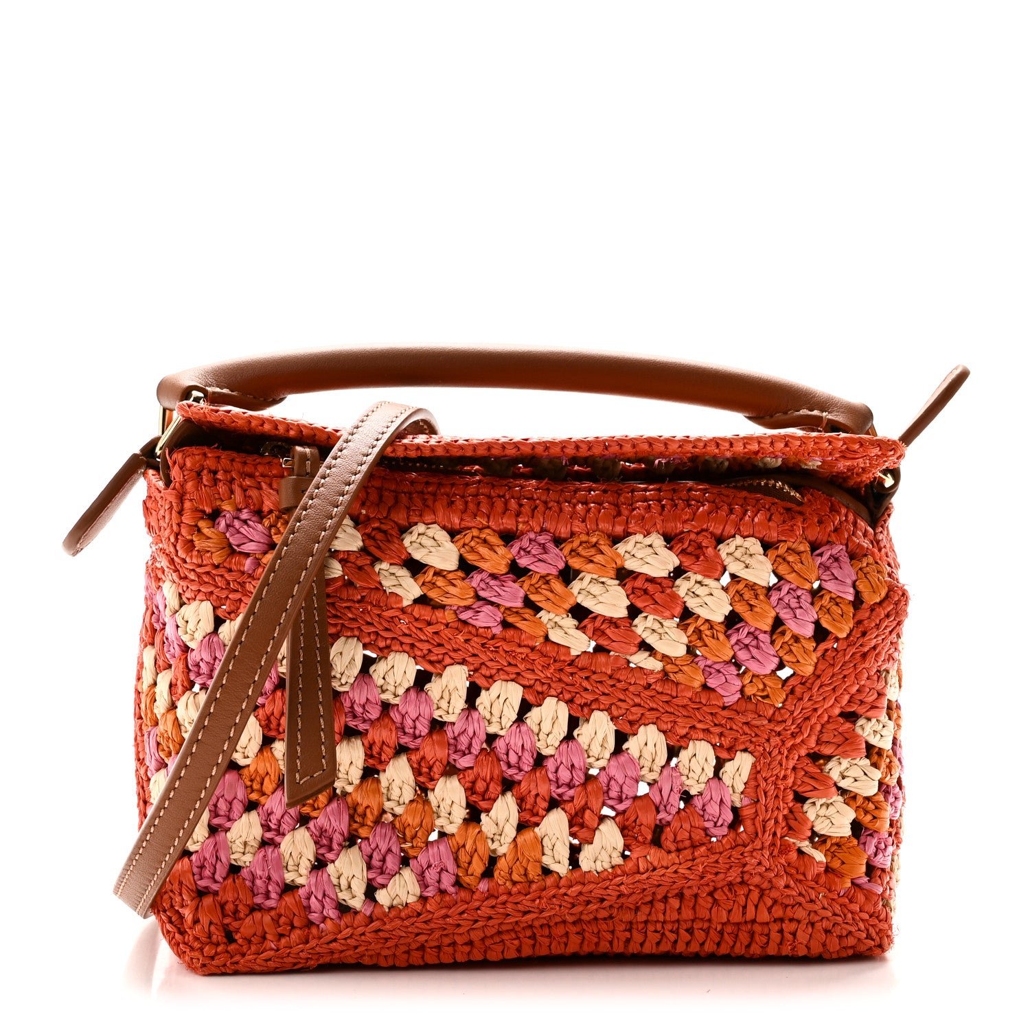 Loewe Loewe Raffia Crochet Calfskin Paula's Ibiza Mini Puzzle Edge Bag Bright Orange Pink