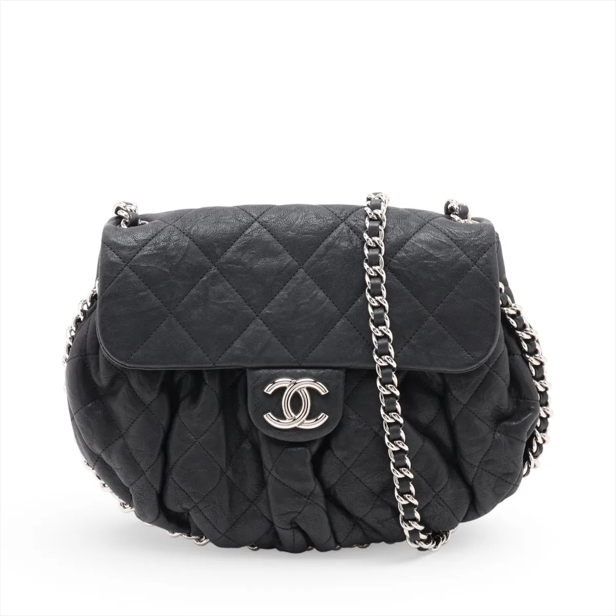 Chanel Matelasse Leather Single Flap Single Chain Bag Black Silver Metal Fitting