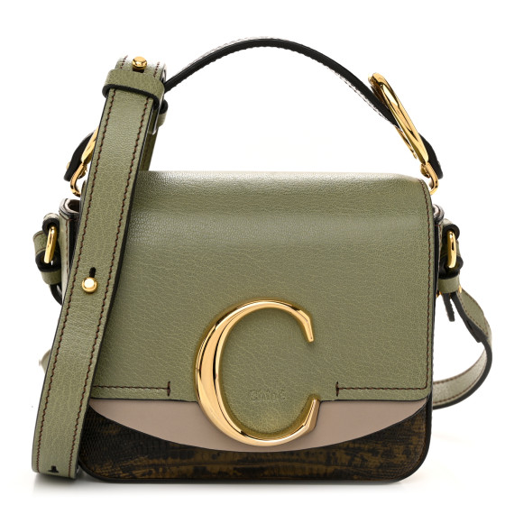 Chloe Goatskin Calfskin Lizard Embossed Mini C Double Carry Antique Green