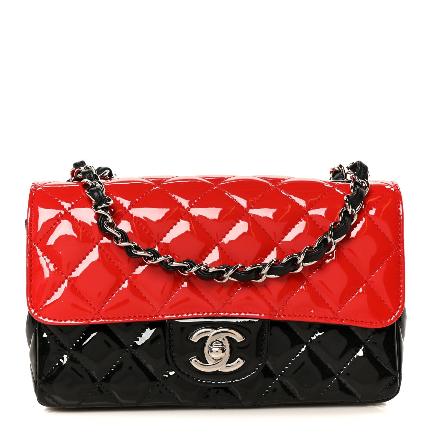 Chanel Patent Calfskin Quilted Bi-Color Mini Rectangular Flap Red Black