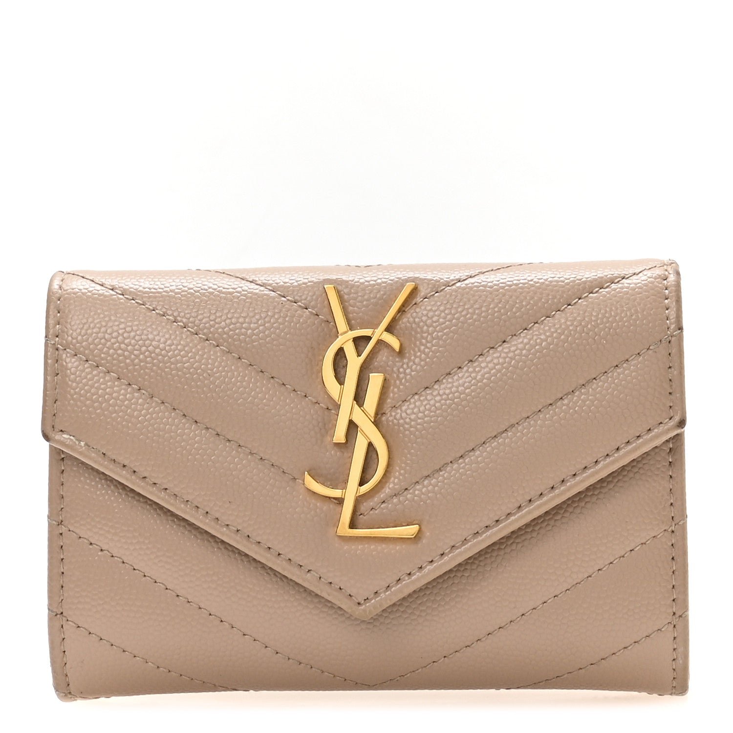Saint Laurent Grain De Poudre Matelasse Chevron Small Monogram Envelope Wallet Dark Beige