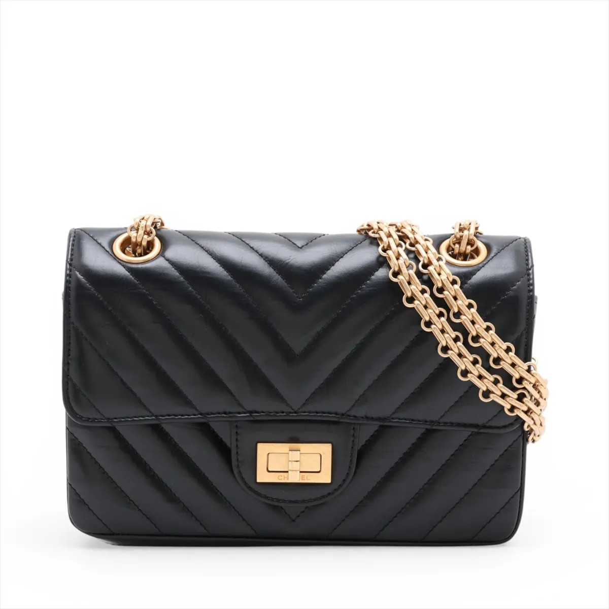 Chanel Matelasse 2.55 Mini Leather Single Flap Double Chain Bag Black Gold Metal