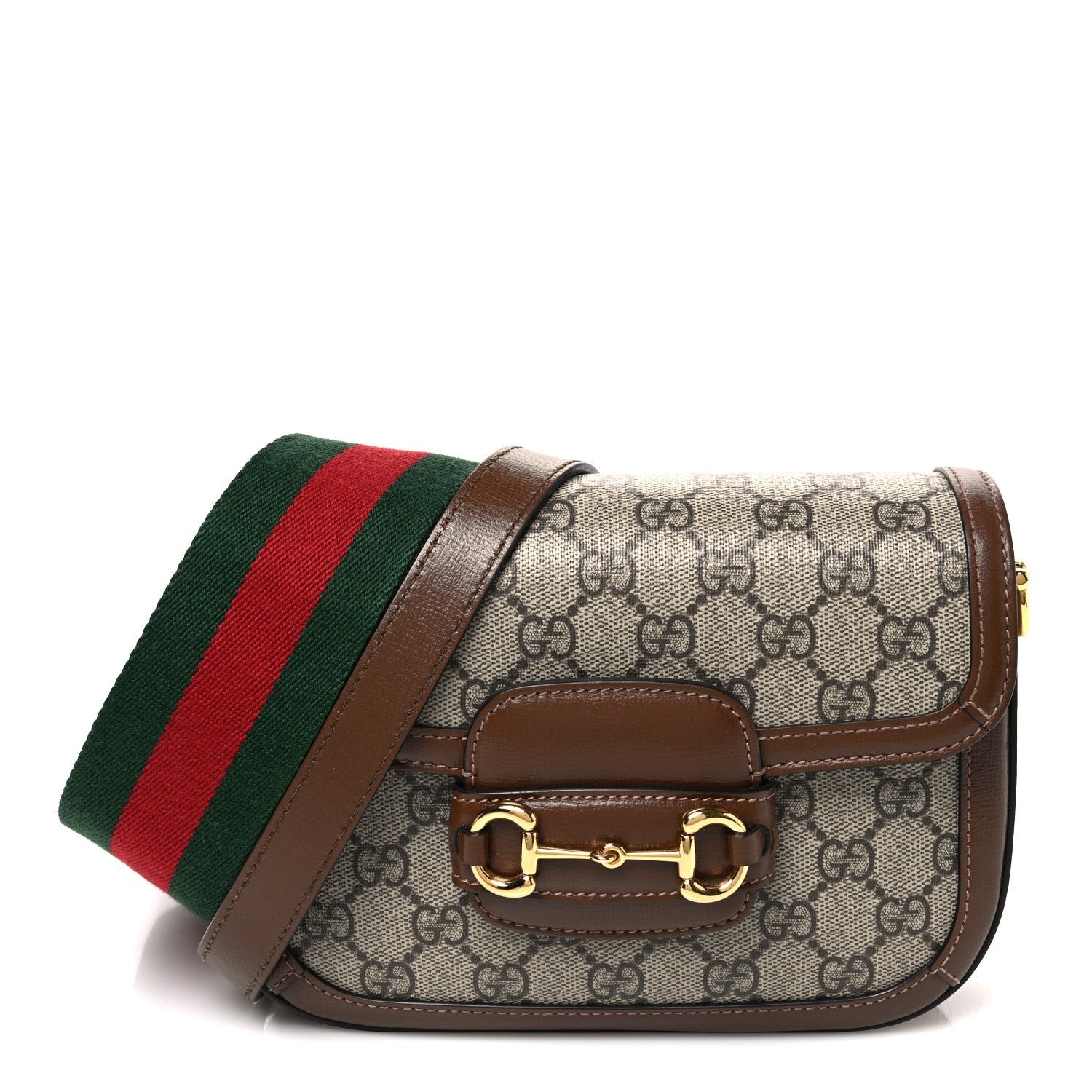 Gucci GG Supreme Monogram Web Mini Horsebit 1955 Shoulder Bag Beige Brown Sugar